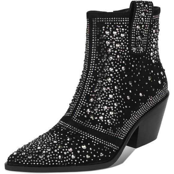 ✨ Isnom Ankle Boots Women Black Rhinestone Sparkly Pointed Toe Chunky Heel Boots - Picture 1 of 7